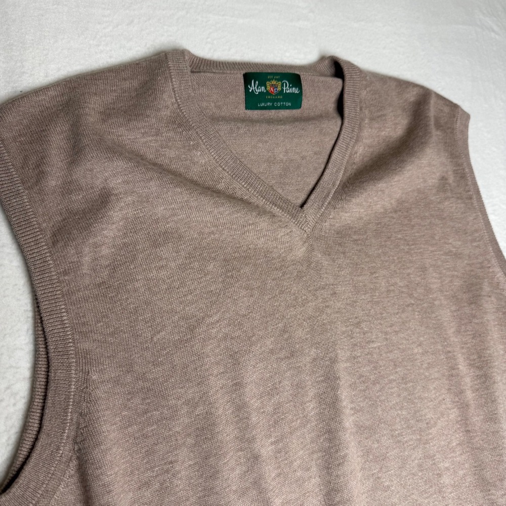 Alan‎ Paine Mens V Neck Luxury Cotton Sweater Vest Taupe Sz L